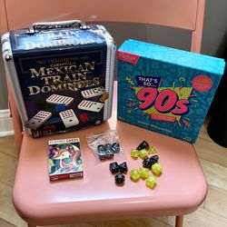 GAME NIGHT SET: Mexican Train Dominos, 90’s Trivia, Pack Of Cards, Dice
