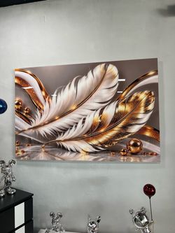 🛑cuadro en acrílico de plumas doradas 40” x 60” pulgadas