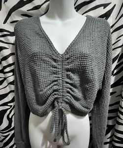 Greenish Knit Long Sleeve Crop Top sweater  Wit Tie Detail
