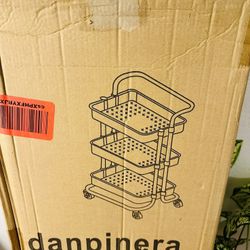 danpinera 3-Tier Rolling Cart, Metal Rolling Storage Cart with Lockable Wheels & Hanging Cups & Hooks, Mobile Trolley Cart for Kitchen, Bathroom, Offi