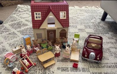 Vintage Sylvanian Families Calico Critters Red Roof Cozy Cottage, Car, Rabbits