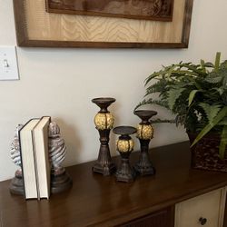 Amazing Candle Holders Bookends Books Greenery And Fleur De Lis Metal Container 