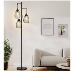 Dimmable Floor Lamp, 3 x 800LM LED Edison Bulbs Included, Farmhouse Industrial Floor Lamp Standing Tree Lamp with Elegant Teardrop Cage Tall Lamps for