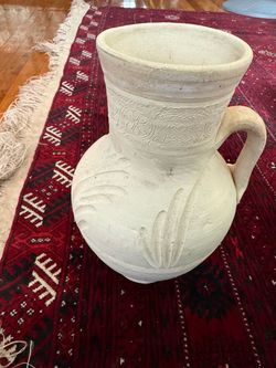 Large Handmade Ceramic Pitcher with Carved Details
