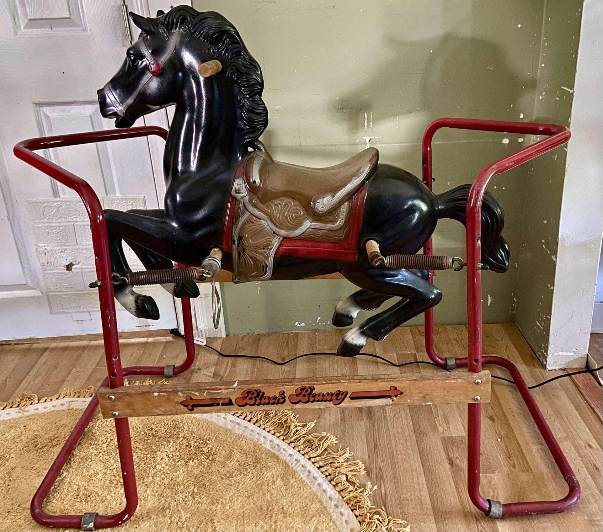 Vintage 1970s Black Beauty Kids Ride On Spring Rocking Horse