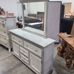 Pine Dresser Gray And White. With Mirror