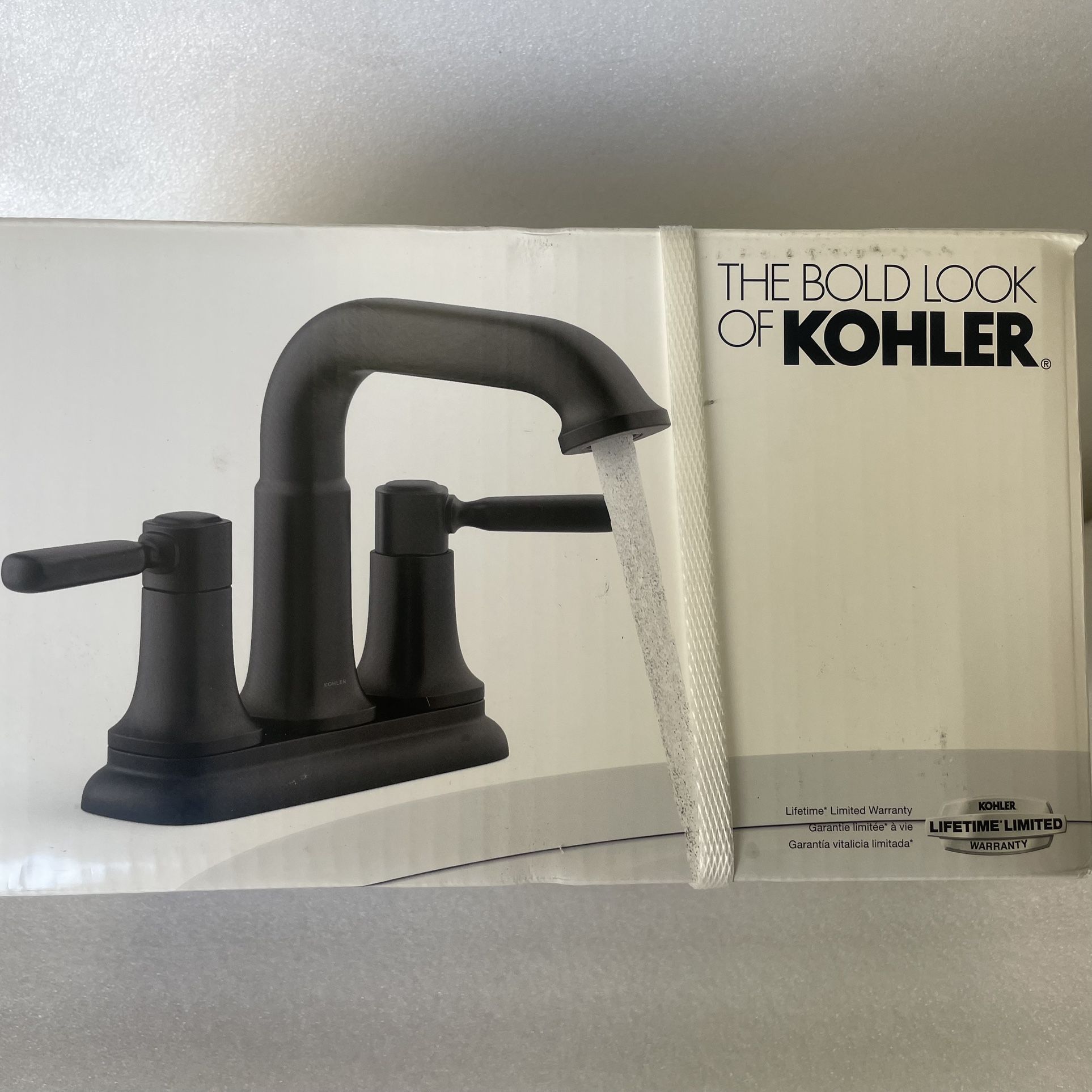 Kohler Ealing Matte Black 2-Handle 4-in centerset WaterSense Mid-arc Bathroom Sink Faucet with Drain K-R33043-4D-BL
