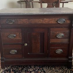 Antique 19th Century Burled Walnut Grey Marble Stone Top Cabinet Dresser Washstand