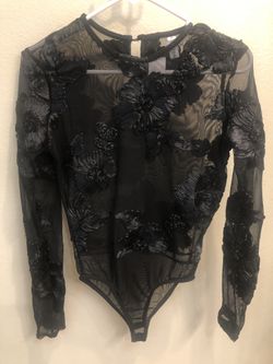 Women’s Black Floral See Through Bodysuit Size M Never Worn With Tags