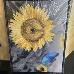 New Sunflower Picture With Blue Butterfly on canvas.