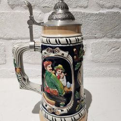 Vintage Ceramic Gerz Beer Stein w/ Lid West Germany “Froh Beim Bier” - 95 % Zinn