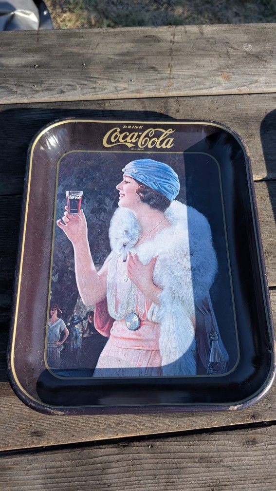 1970s Coca-Cola Advertising Tray Featuring 1920s Flapper Girl in Blue Hat & Fur