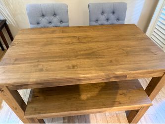 Real wood dining table, bench and chairs