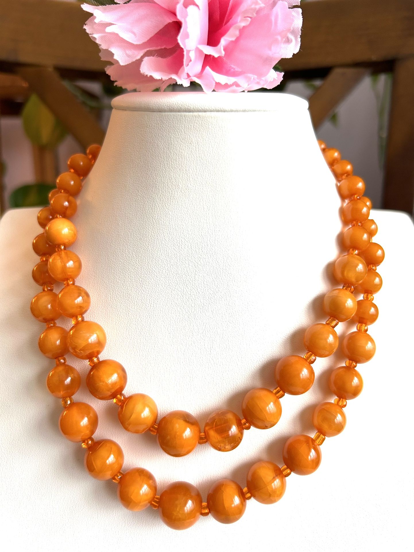 Stunning vintage Amber resin double strand handmade necklace 18”inch long