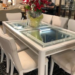 Glam Glitter White Dining Set Table With 4 Chairs 