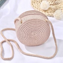 Women’s Woven Straw Crossbody Round Summer Beach Tote Bag - Blush Pink