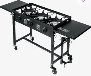 Barton Portable Triple Burner Propane Camp Stove (SKU 95537) with a side table, wheels, and a regulator hose 95537/1