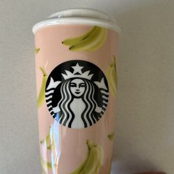 Starbucks 2015 Banana Pink Ceramic Travel Tumbler w Lid Black Siren Logo 12oz.