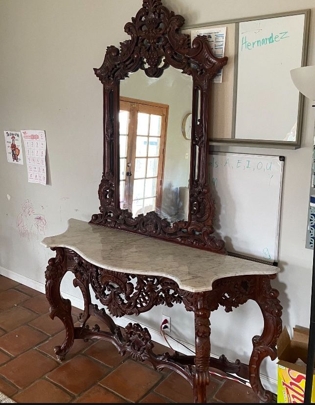 Antique Luna Carving Dressing Table With Mirror