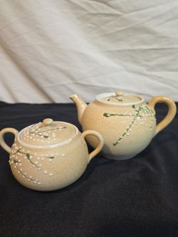 Antique Japanese Meiji Banko Ware Teapot & Sugar Bowl Moriage Sharkskin Set
