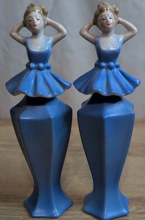 Lot Of 2 RARE Antique Art Deco Blue Porcelain Ballerina Perfume Bottles Bavaria