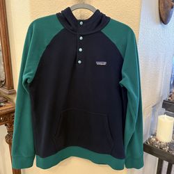 Patagonia Men Navy Green Micro D Fleece Hoody Pullover Top Size Medium