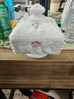 Vintage Westmoreland Milk Glass Pedestal Candy Dish Charleton Rose? Hand Painted