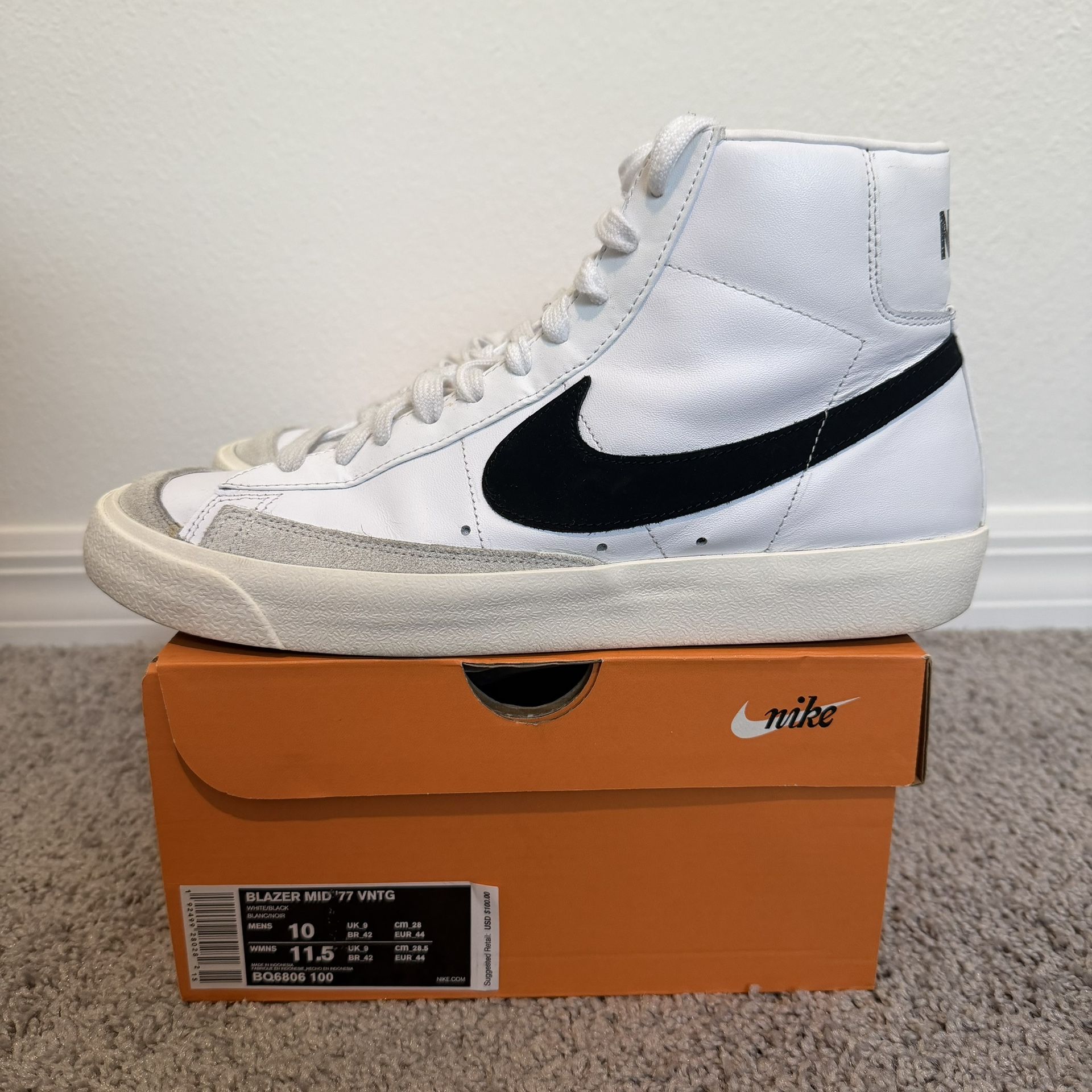 Nike Blazer Mid 77 Vintage White Black Size 10