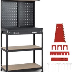 Newly Assembled Work Table Workbench with Drawer Topping Space Pegboard Hanging Accessories