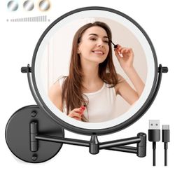 Rechargeable Wall Mounted Lighted Makeup Mirror Black Finishes, 8 Inch Double-Sided