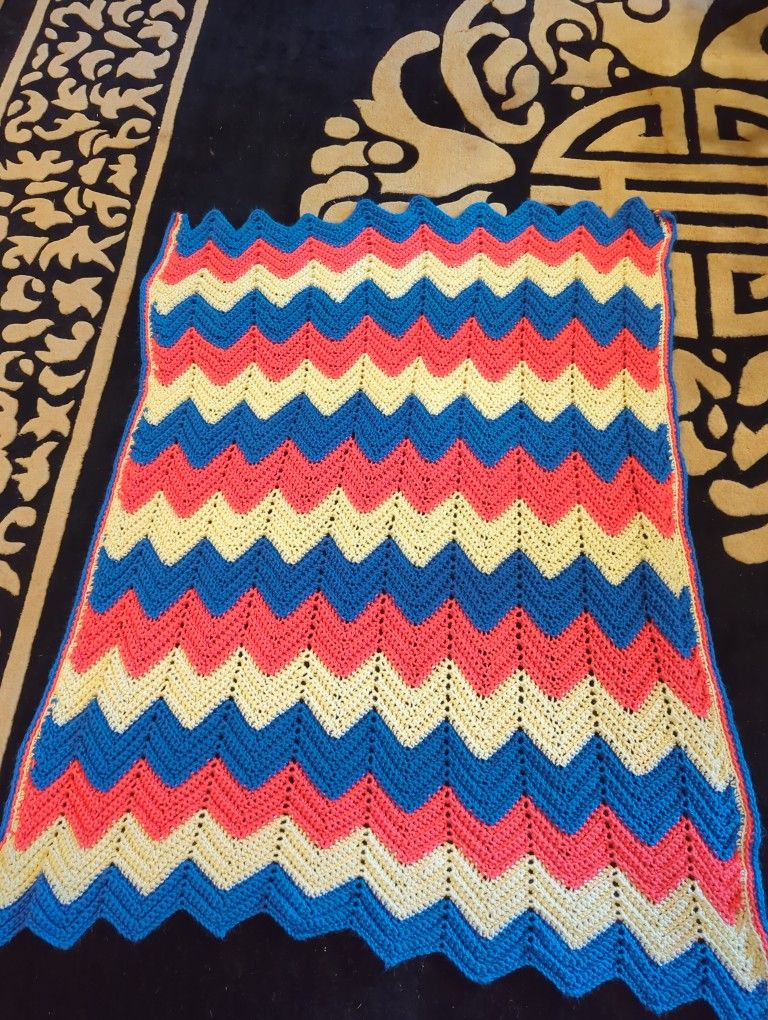 Chevron Crochet Afghan In Blue, Creamy Yellow And Orange