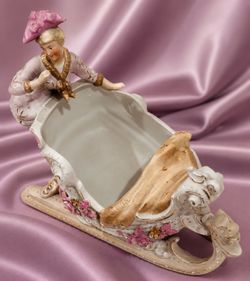 LARGE Original Vintage Bisque Porcelain Victorian Lady Figure Vase Fine Art Antique Figurine Collectible Statue Dried Flower Planter Sleigh Sled Decor