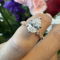 Rose Gold Teardrop Lab Diamond With 8 Real Diamonds Engagement Ring