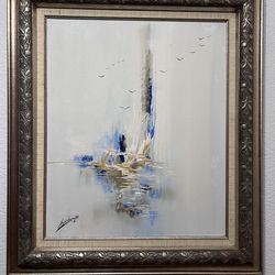Abstract Blue and Gold Painting with Ornate Frame 27X31 by Ashton III