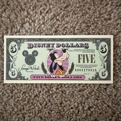 Disney Dollar 1991 Goofy $5 Disney dollar