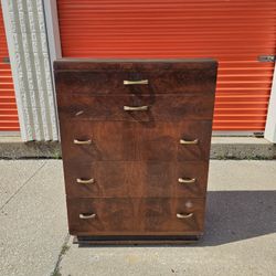 Vintage Solid Mahogany Wood Art Deco Waterfall 5 Drawer Dresser on Wheels 