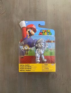 In Hand, Brand New, Never Opened Jakks Pacific - World of Nintendo Figure - Super Mario - Metal Mario with Mario Kart Trophy - 4” Figure
