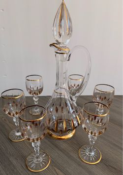 Vintage Bohemia Crystal Decanter & 6 Goblets – 24K Gold Trim, Hand-Decorated