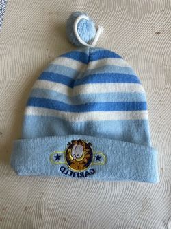 Garfield Light Blue Striped Knit Beanie / Children's Warm Hat Featuring a light blue color-block striped design with adorable pom-pom accents and an