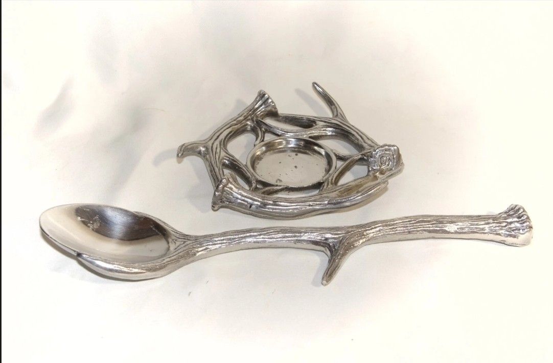 Vintage Arthur Court Aluminum Antler Serving Spoon 13" and Matching Tray Set