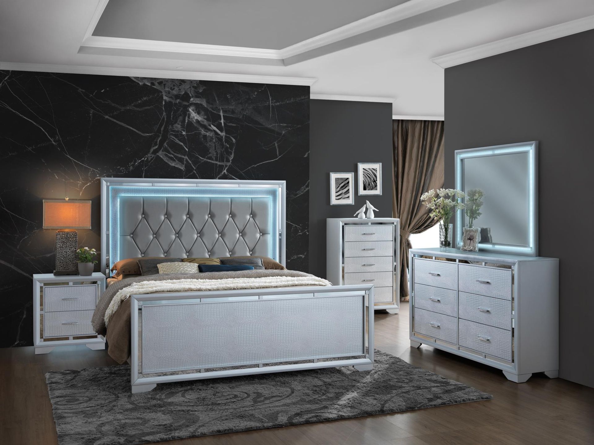 Queen bedroom set with led light headboard and mirror