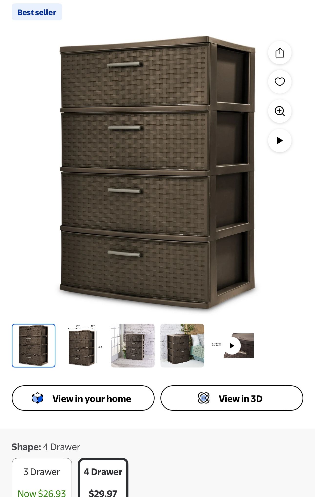 Sterilite Storage Drawer, 4 Drawer Plastic Weave Wide Tower with Pull Handles, Brown