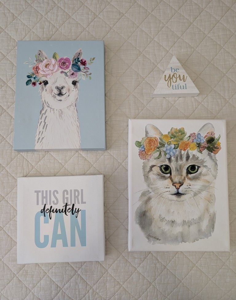 Lot Of 4 Girl's Room Wall Art Canvases 