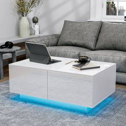 New White Modern High Gloss Coffee Table with 4 Drawers and LED Lights