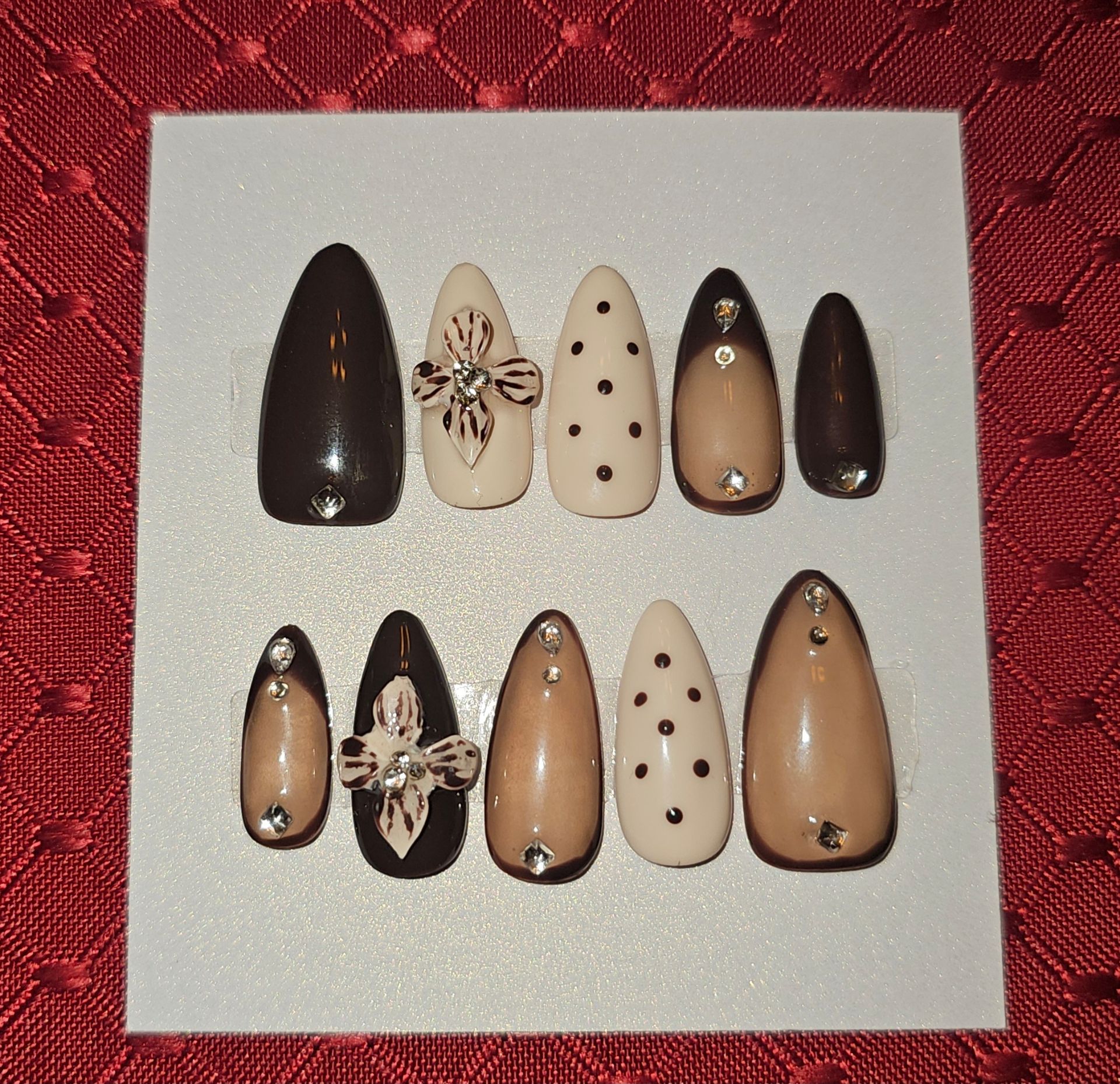 Press-On Nails | Long Almond | Brown & Cream w/ Painted Accents & 3D Flowers (#20)