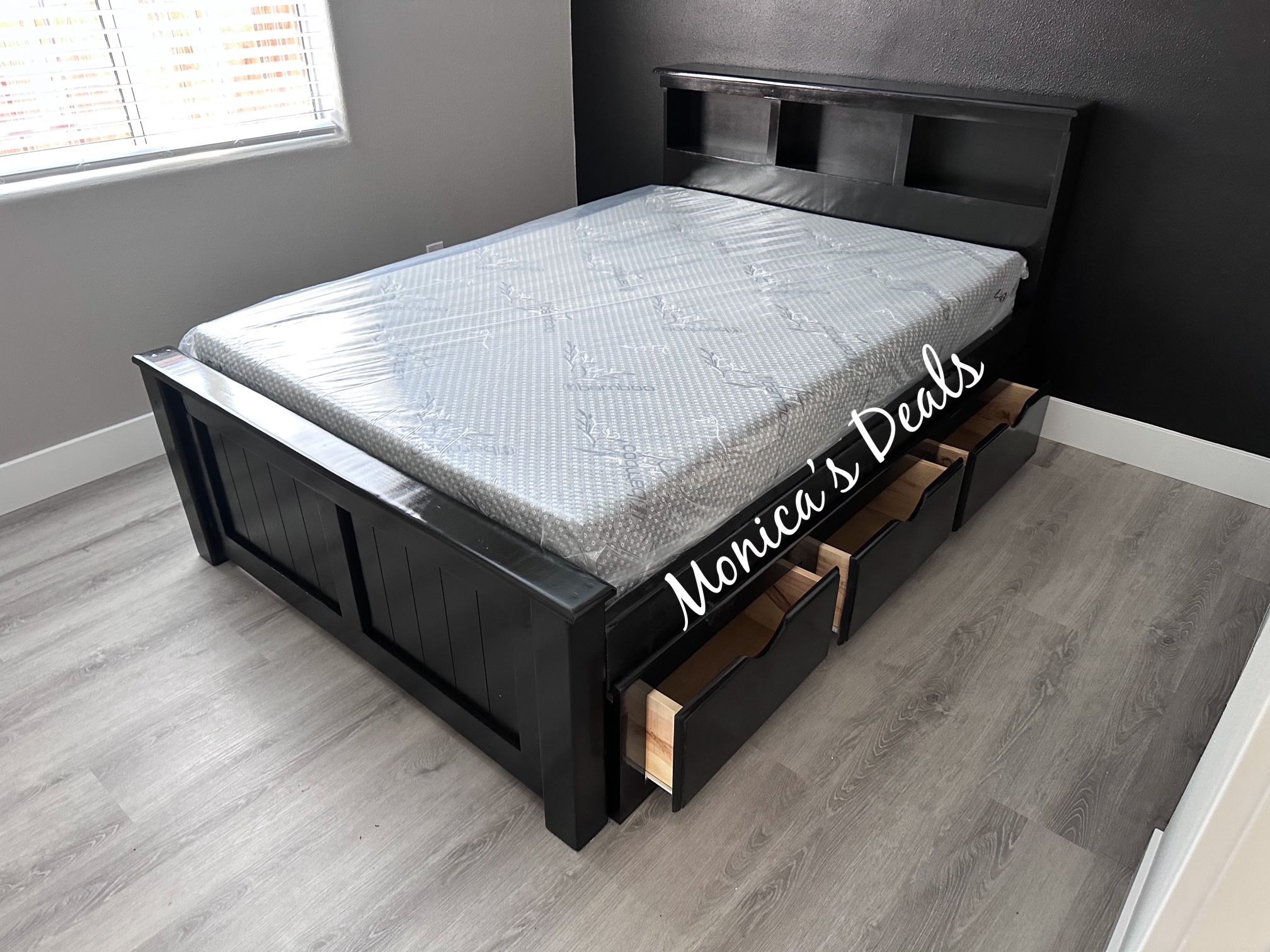 Queen Solid Wood Bed With 3 Storage Drawers And Memory Foam Mattress $780