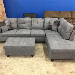 New gray linen Sectional Sofa W/ Free Ottoman And Pillows  New In Original Boxes