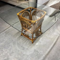 Square beveled glass table with authentic made  Indonisia  wicker bottom base  45 “ x 45” , 29 1/2 high  $75