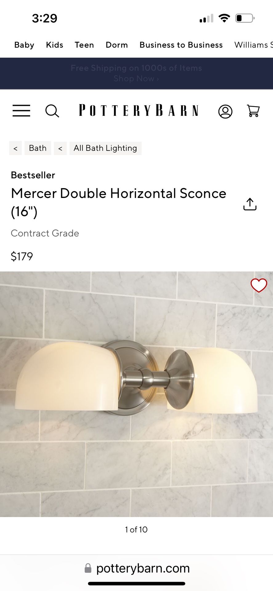 Pottery Barn Bathroom Light Mercer Double Horizontal Sconce Nickel