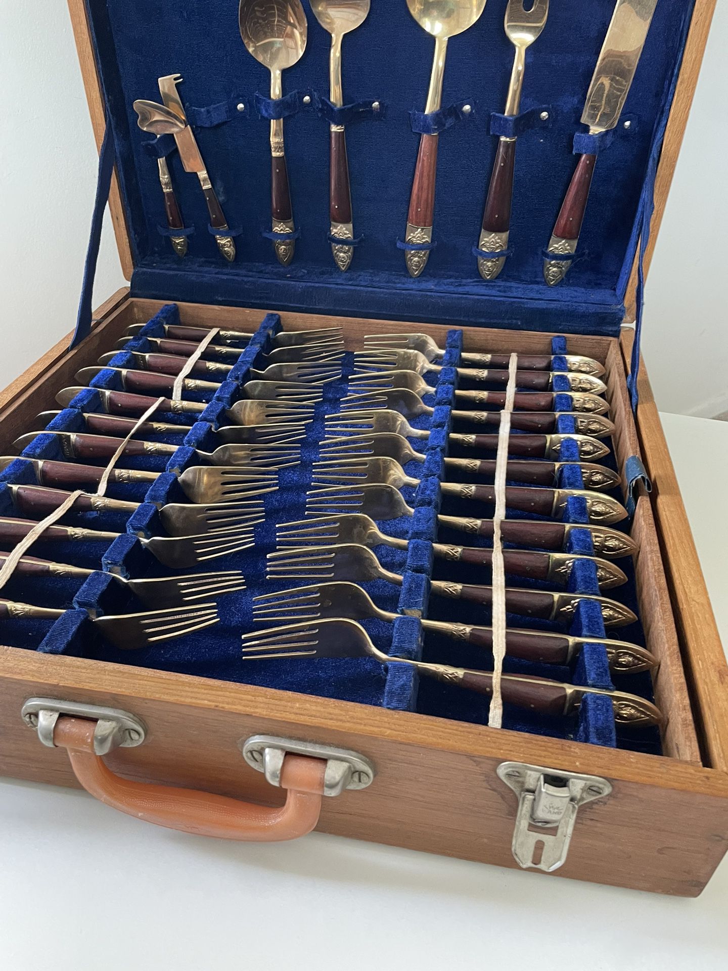Vintage Wood-handled Solid Brass 81 Piece Flatware Set